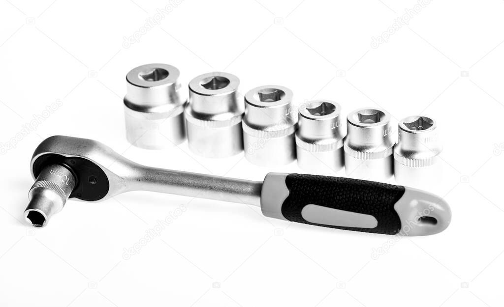 Socket wrench set isolated on white background. Socket spanner. Kit socket tools. Auto repair shops and construction, repair of agricultural and other equipment or home life. Universal socket sets