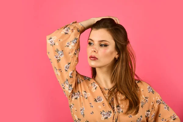 Elegant makeup concept. Beauty salon. Adorable fashionable girl. Natural beauty. Fashion. Girl perfect beautiful makeup. Hairstyle and makeup. Woman confident face with makeup on pink background