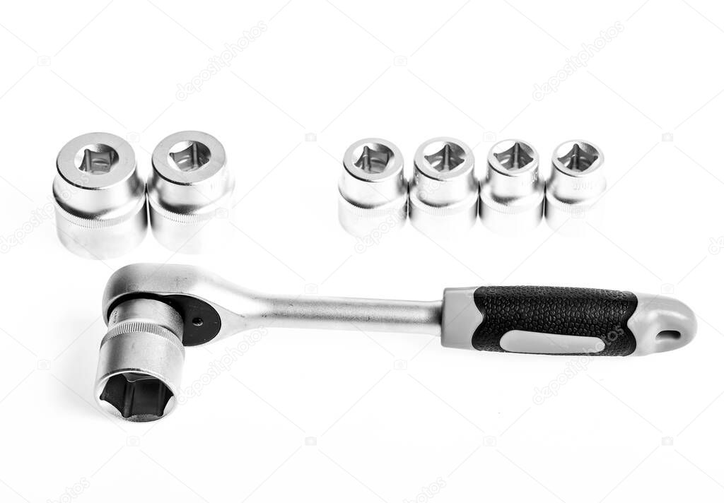 Ratchet wrench. Steel made no skid threaded handle hold firmly without slipping. Ratchet tool. Universal socket sets. Can be used in hard to reach places. Knob for socket wrench nut ratchet close up