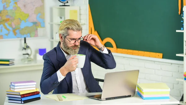 Online kurz. Starší profesor používá počítač. Učitel počítače pije čaj na školním stole. Vousáč pracuje v počítačové třídě. Nová technologie. Počítač ve výuce a učení. Moderní vzdělávání — Stock fotografie