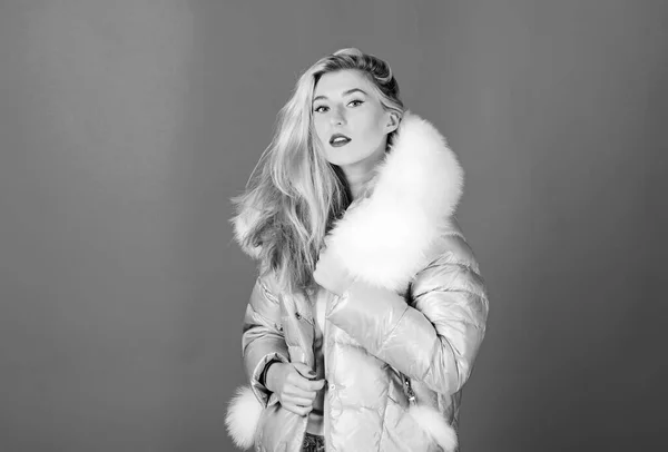 Winter clothes. Down jacket with furry hood. Girl wear winter jacket. Winter season. Soft fur. For those wishing stay modern. Fashion environmental awareness. Faux fur is more than just trend — Stock Photo, Image