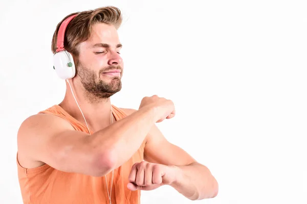 Enjoy perfect music sound headphones. Buy music gadget. Musical accessory. Songs for active leisure. Man listening music headphones and dance white background. Modern technology. Music taste concept — Stock Photo, Image