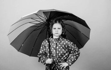 Yağmurlu hava ve uygun giysiler. Yağmurlu gün eğlencesi. Şemsiye altında iyi yürüyüşler. Yağmurdan sonra her zaman gökkuşağı vardır. Yağmur konseptinin tadını çıkar Sonbahar sezonu. Çocuk mutlu renkli gökkuşağı şemsiyesi tutun