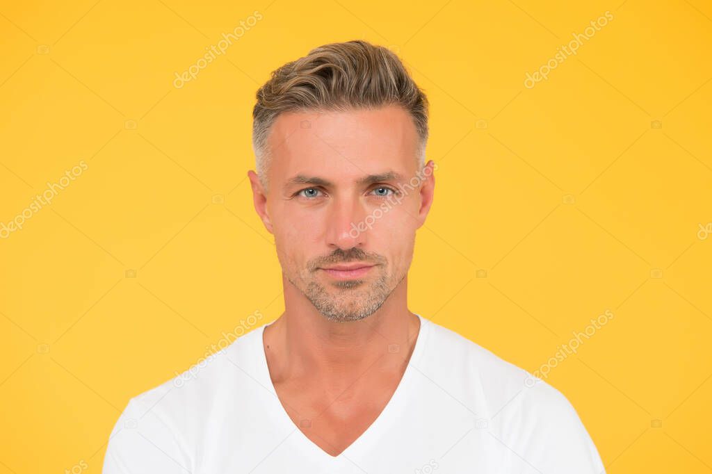 Preoccupied with own beauty. Take ageing with respect. Grizzle hair. Deal with gray roots. Man attractive well groomed facial hair. Barber and hairdresser. Man mature good looking model. Hair shampoo