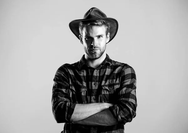 Example of true masculinity. Cowboy wearing hat. American cowboy. Western life. Man unshaven cowboy beige background. Unshaven guy in cowboy hat. Handsome bearded macho. Beauty standard — Stock Photo, Image