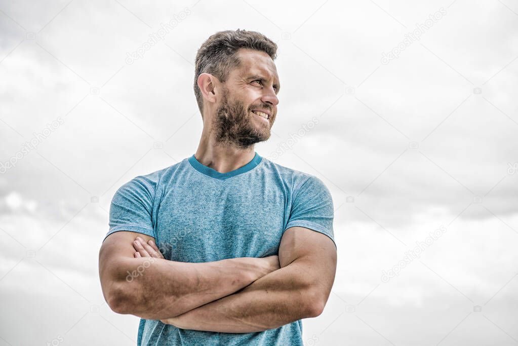 Healthy and happy. Keep youth and freshness even at mature age. Man with muscular arm biceps. Healthy lifestyle key infinity life. Handsome strong guy isolated on white. Male beauty and healthy body