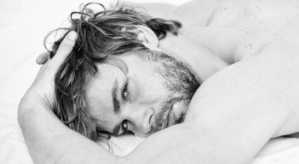 Total relax concept. Man attractive macho relax and feel comfortable. Simple tips to improve your sleep. Man unshaven bearded face sleep relax or just wake up. Guy bearded macho relax in morning