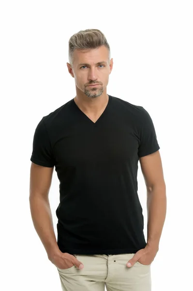 Keep calm. He knows he is attractive. Mature man. Overcome problems. Midlife Crisis. Psychological crisis. Male beauty standards. Mature guy wear black shirt looks stylish. Crisis solution — Stock Photo, Image