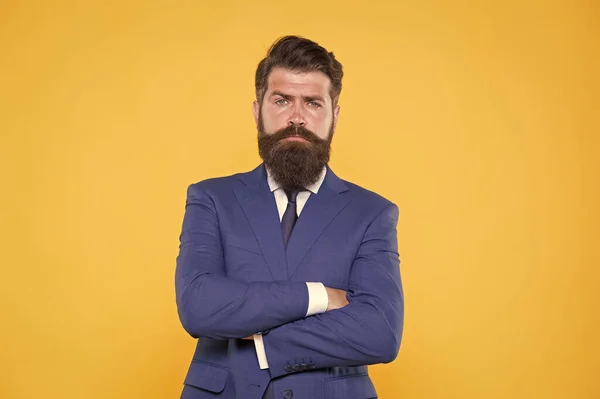 Parece inteligente no trabalho. Empresário confiante. O homem de negócios mantém os braços cruzados. Elegante empresário fundo amarelo. Homem barbudo em roupa formal. Empresário profissional com barba e cabelo elegante — Fotografia de Stock