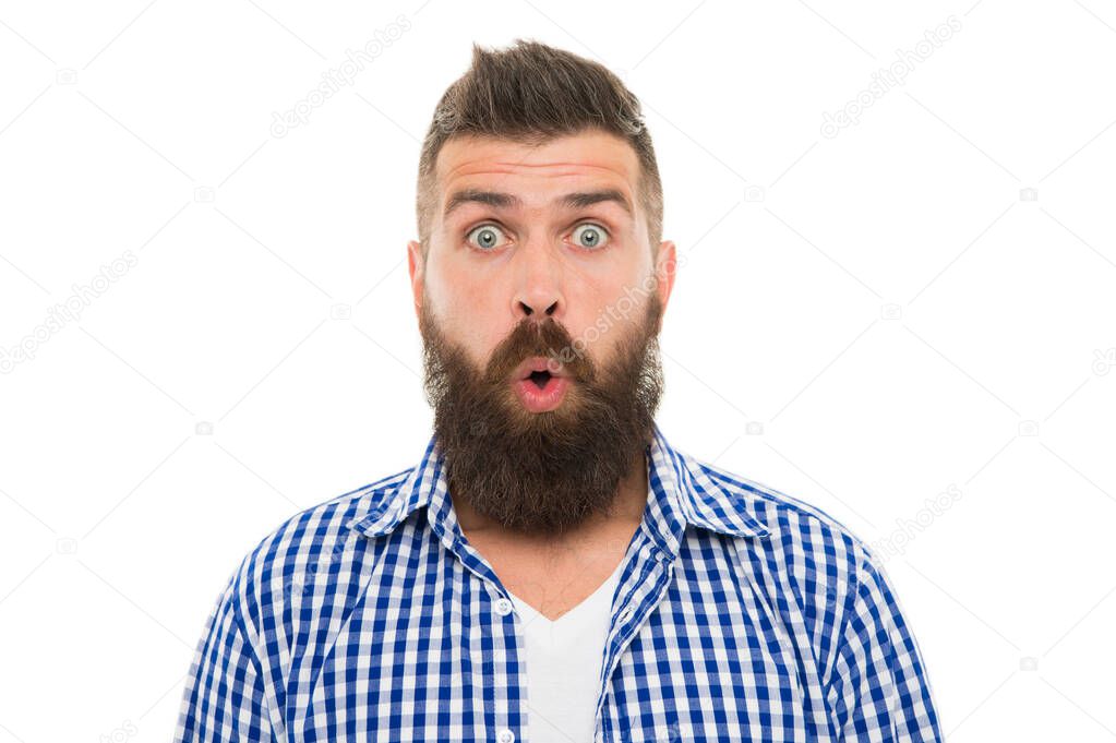 Astonished face. No way. Wondering concept. Handsome surprised man wonder. Surprised guy with bristle and hairstyle. Male beauty. Barber hairdresser salon. Bearded surprised man. Emotional expression