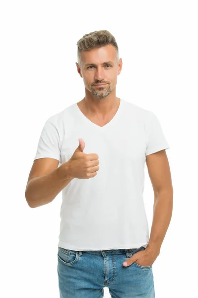 Crisis solution. He knows he is attractive. Mature man. Overcome problems. Midlife Crisis Affecting Men. Psychological crisis. Male beauty standards. Mature guy wear white shirt looks stylish — Stock Photo, Image