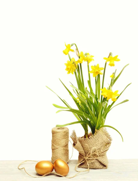 Primavera narciso amarelo, ovo de páscoa dourado e linha ou corda — Fotografia de Stock