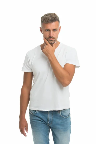 He knows he is attractive. Mature man. Overcome problems. Midlife Crisis Affecting Men. Psychological crisis. Male beauty standards. Mature guy wear white shirt looks stylish. Crisis solution — Stock Photo, Image