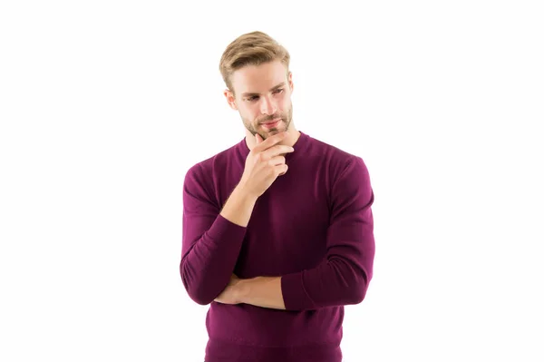 man wear purple jumper. male beauty standards. autumn fashion for men. confident businessman has stylish haircut. charismatic guy. handsome unshaven man isolated on white