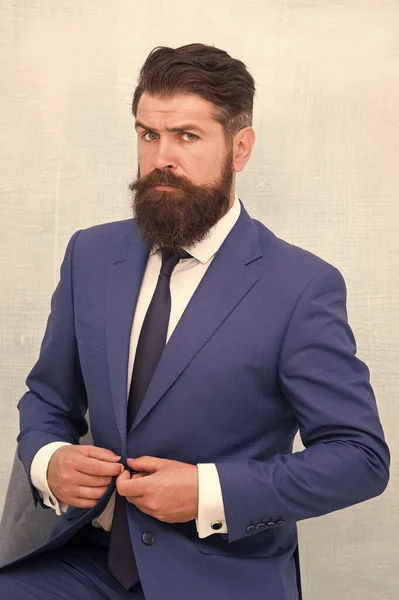 Formal and stylish. Stylish businessman button suit jacket. Bearded man in office style. Professional capsule wardrobe. Stylish wear to work. Fashion and style. Elegant and stylish. For added style — Stock Photo, Image