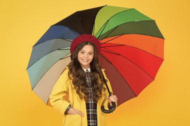 Yağmurlu gün eğlencesi. Şemsiye altında iyi yürüyüşler. Yağmur konseptinin tadını çıkar Çocuk mutlu bir şekilde renkli gökkuşağı şemsiyesi tutuyor. Yağmurlu hava ve uygun giysiler. Parlak şemsiye. Eğlenmene bak. Pozitif olma kavramı