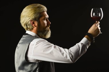 Bardaki barmen. Tecrübeli şarap garsonları şarabın tadına bakar. Barmen Degustation 'da kırmızı şarap tadıyor. Erkek şarap garsonu içkinin değerini biliyor. Bir kadeh kırmızı şarap. Şarap mahzeninde nefis bir içkiyle barmen.