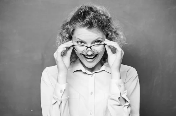 Smart girl teaching you. Let me see. Attractive educator. Playful teacher. Adorable nerd. Woman school teacher shy and pretty lady wear eyeglasses chalkboard background. Sexy teacher concept — Stock Photo, Image