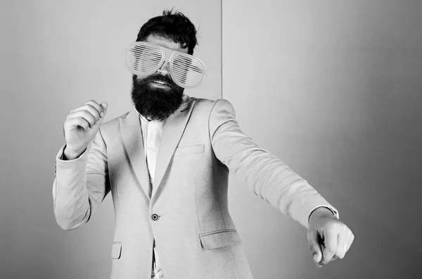 Diving into celebration. Man with long beard formal wear. Playful businessman celebrating. Bearded man party goggles celebrating. Hipster in extravagant glasses fashion accessory celebrating holiday — Stock Photo, Image