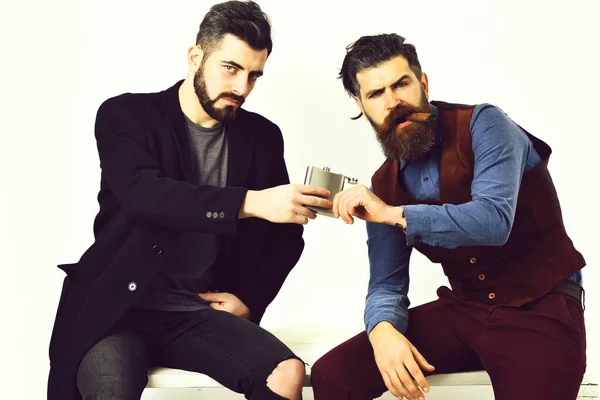 Two bearded mens, caucasian stylish hipsters with moustache — Stock Photo, Image