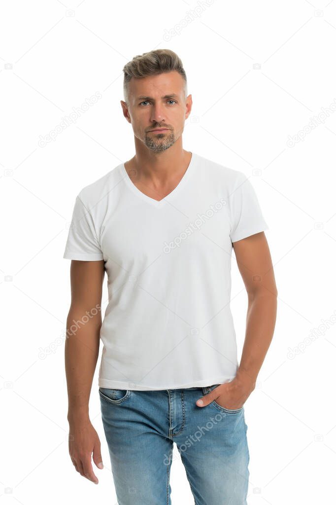 Set your trend. Middle-aged man. Handsome man isolated on white. Man in casual style. Caucasian man with unshaven face hair. Single or bachelor. Fashion and style. Hair salon. Barbershop