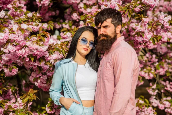 Romantic season. Tender love. Couple sakura tree background. All flowers to her. Man and pretty woman enjoying pink cherry blossom. Romantic date. Couple in love cuddling outdoors. Fashion people
