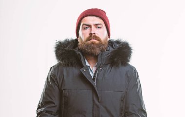 Hood sıcaklığı ve hava direncini arttırır. Sakallı adam beyaz arka planda izole edilmiş sıcak ceket giyiyor. En iyi kışlık ceketi seçmeyi. Hava dirençli ceket konsepti. Kış sezonu erkek giyim