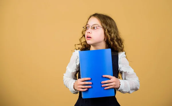 Serious small girl wants to be teacher. small girl with paper folder. hometwork. notebook for diary notes. study lesson. knowledge and education. Back to school. Concentrated on studying. copy space — Stock Photo, Image