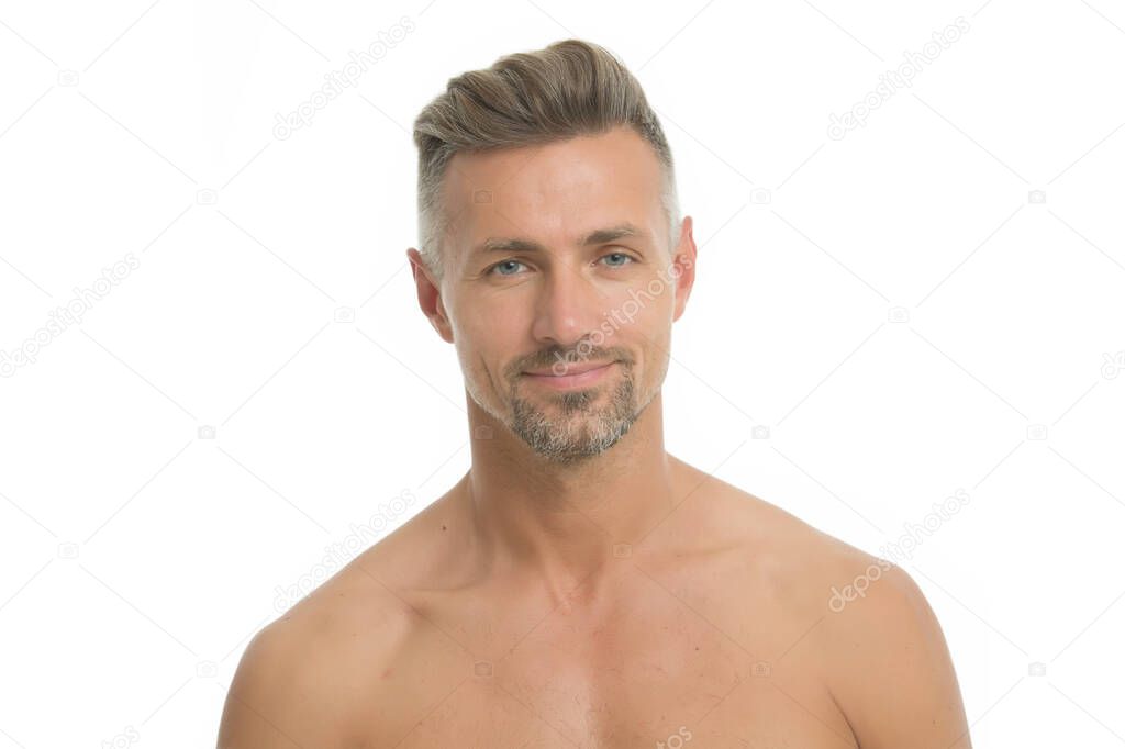 Skincare and healthcare. Sexy man isolated on white. Unshaven guy with bare shoulders skin. Skin health. Skincare cosmetic products. Skincare routine and grooming. Skincare for middle age men