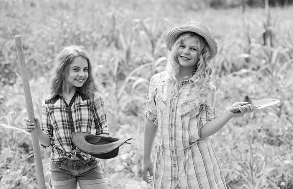 Yetenekli bahçıvanlar. Mutlu çiftçilik. bahar kırsal bölgesi. Toprak günü. Yaz aile çiftliği. Doğayı koru. Zengin hasat. Küçük kızlar köy bahçesinde çiftçilik yapıyor. Çocuklar alan kullanımı için bahçe araçlarında çalışırlar — Stok fotoğraf