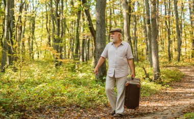Doğada antika bir bavulu olan büyükbaba. Doğayla bütünleşti. Doğada hafta sonu. Yaşlılar. Tatil ve rahatlama. Emeklilik konsepti. Ormanda beyaz sakallı olgun bir adam. Hobi ve eğlence.