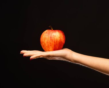 Çiftçilik ve sağlıklı beslenme konsepti. Kadın eli taze meyve tutar.