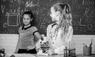 Resmi eğitim okulu. Eğitim deneyi. Okula dönelim. Okul dersleri. Kızlar okulda kimya okuyor. Biyoloji ve kimya dersleri. Teori ve pratik. Kimyasal reaksiyonları gözlemle