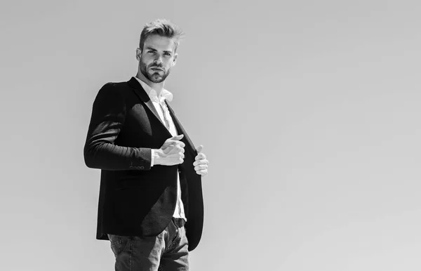 Welcome on board. formal male fashion. modern lifestyle. sexy macho man. male grooming. confident businessman. Handsome man fashion model. Bearded guy business style. success concept. realtor agency — Stock Photo, Image