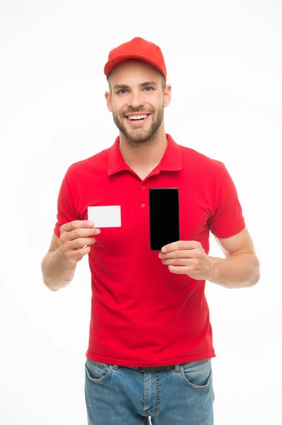 Business contact. Smiling courier. Delivery service during quarantine measures. Food delivery services. Stay at home. Delivery option. Shopping concept. Safety concept. Contactless payment. Call us — Stock Photo, Image