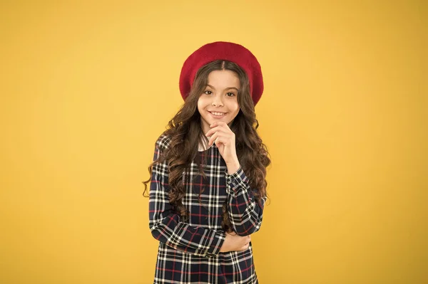 Teenage fashion. French fashion. Child small girl happy smiling baby. Happy childhood. Pure beauty. Kid little cute fashion girl posing with long hair and hat. Fashion girl. Fashionable accessory — Stock Photo, Image
