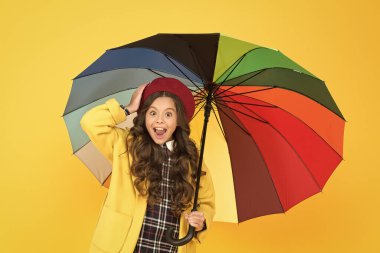 Parlak şemsiye. Eğlenmene bak. Pozitif olma kavramı. Yağmurlu gün eğlencesi. Şemsiye altında iyi yürüyüşler. Yağmur konseptinin tadını çıkar Çocuk mutlu bir şekilde renkli gökkuşağı şemsiyesi tutuyor. Uygun giysilerle yağmurlu hava