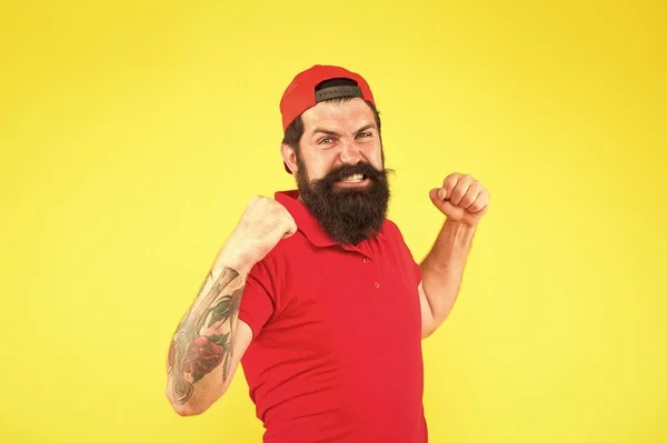 Positive emotions. Barber salon and facial hair care. being trendy and brutal. Beard and mustache grooming. happy mature hipster yellow background. bearded man celebrate success. male summer fashion — 스톡 사진