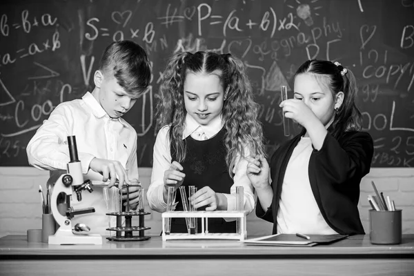 Test tubes with substances. Formal education. School laboratory. Group school pupils study chemical liquids. Girls and boy student conduct school experiment with liquids. School chemistry lesson — Stock Photo, Image