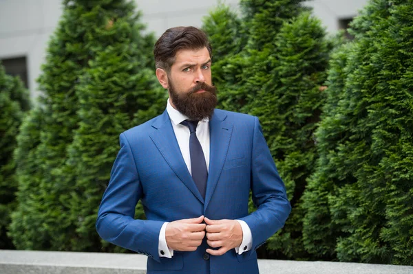 Business life. Man businessman classic style urban park background. Business man bearded wear perfect fashionable suit. Successful entrepreneur. Businessman well groomed hairstyle. Business center — Stock Photo, Image