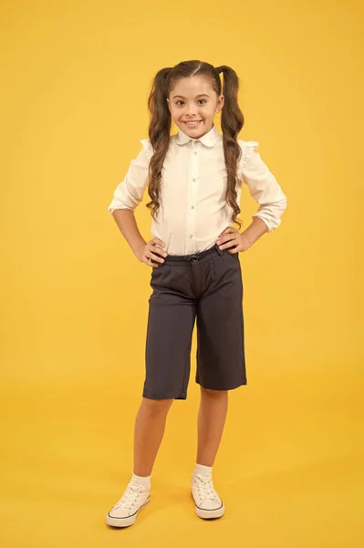 Modern Skolflicka. Schoolgirl glad leende elev långt hår. Början av läsår. Bedårande Schoolgirl. Tid att studera. Redo för lektion. Skol mode. Internationella barnens dag konceptet — Stockfoto