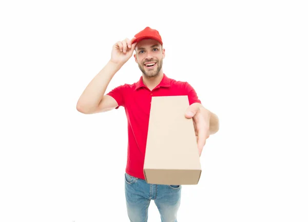 增加你送货的速度。送货员被白色隔离。快乐快递员拿着邮筒航运和信使递送服务。交付事项 — 图库照片