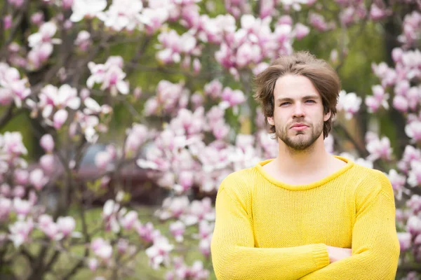 Man posing with folded hands in park with blossoming trees