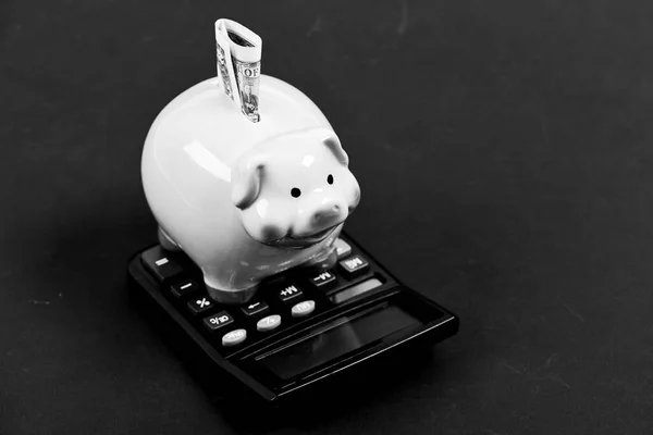 Economics and finance. Financial wellbeing. Savings account. Money savings. Piggy bank pink pig stuffed dollar banknote and calculator. Savings deposit is convenient flexible way depositing savings