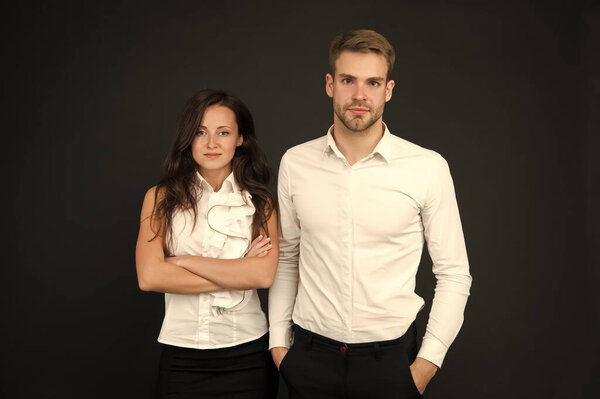 White style. Business couple. Business team. Partnership concept. Office fashion and corporate attire. Businessman ceo. Businesswoman and employee. Business startup concept. Beautiful people