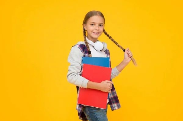 Towards knowledge. Learn following rules. Modern school student. Free courses. Welcome back to school. Motivate kids for academic year ahead. School girl hold books. School lesson. Study literature — Stock Photo, Image