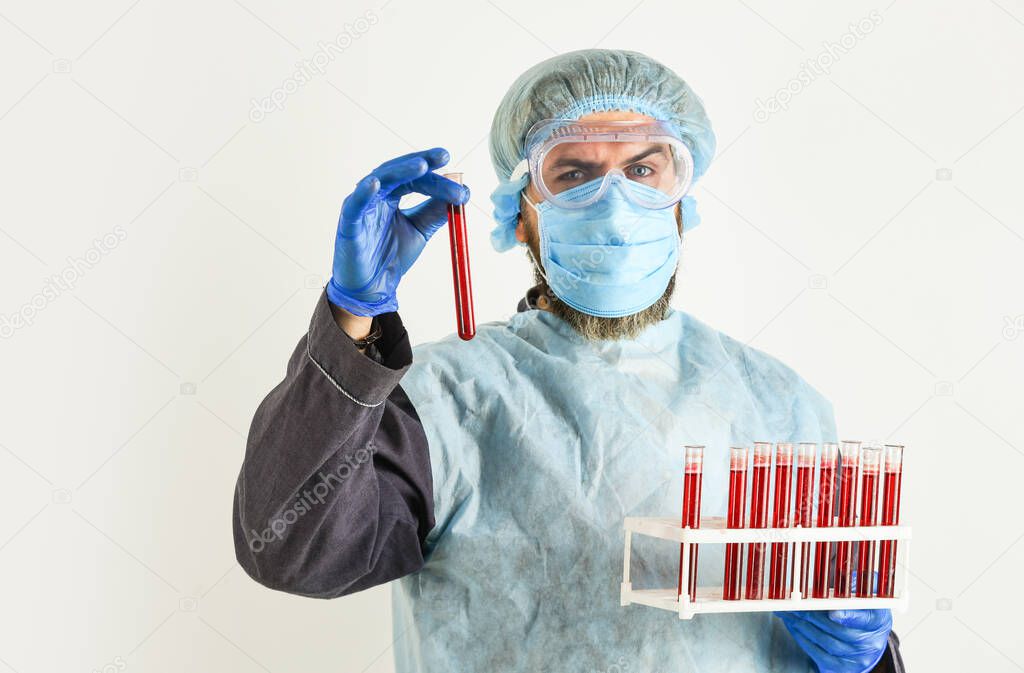 coronavirus pandemic outbreak. man doctor hold testing tubes in lab. nurse work in laboratory. search infection remedy for treatment. make virus test. Take a blood test. Donate blood for analysis