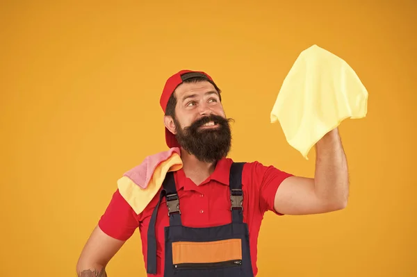 Bearded man hold duster microfiber for cleaning. man clean house. housekeeping business. call for cleaning service. male maid household. happy hipster cleaning material in hand. laundering worker — 스톡 사진