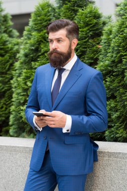 Güncellemelere bak. SMS mesaj işi. Mesajlaşan sakallı adam. İşadamı akıllı telefon kullanarak mesaj gönderiyor. SMS mesajı. Kısa mesaj servisi. Cep telefonuyla mesajlaşma. Mobil pazarlama