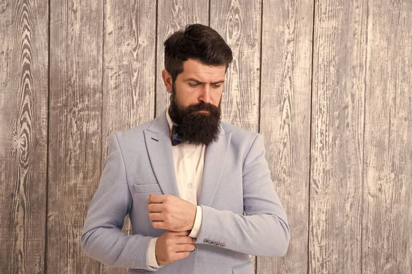 Fashion stylish guy has long beard. bearded male with trendy look. brutal  hipster. male fashion and beauty. full of confidence. businessman wear  casual outfit. copy space. handsome man wear jacket Stock Photo